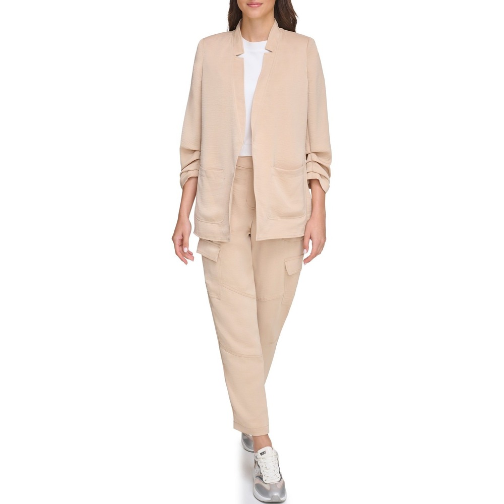DKNY Womens Jacket Size S Sandalwood Ruched Sleeve Notch Collar Relaxed Blazer - Picture 2 of 9